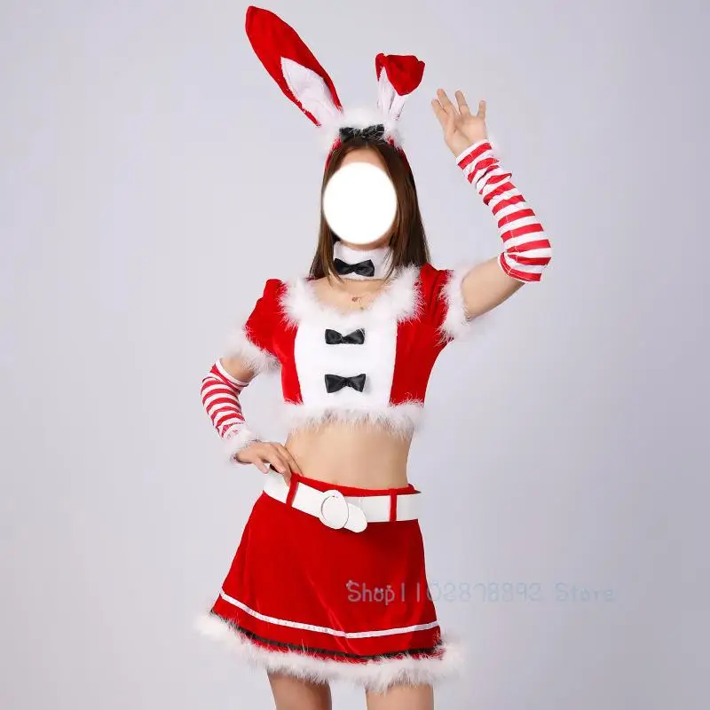 2023 Christmas Party Women Sexy Top Skirt Bunny Santa Costume Red Velvet XMAS Fluff New Year Christmas Cosplay Cute Fancy Dress