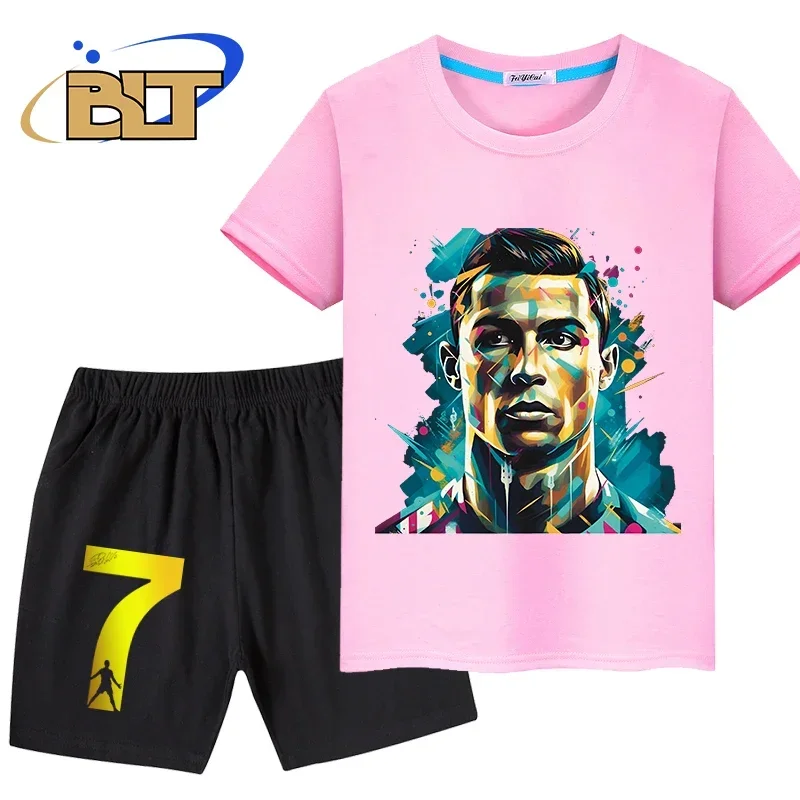 Ronaldo head print children\'s clothing summer kids T-shirt set pure cotton short-sleeved shorts 2-piece set boys and girls gifts