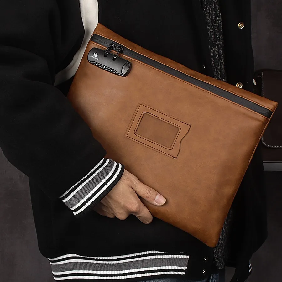 Portable PU Leather Large-capacity Certificate Storage Bag with Simple Combination Lock A4 File Bag