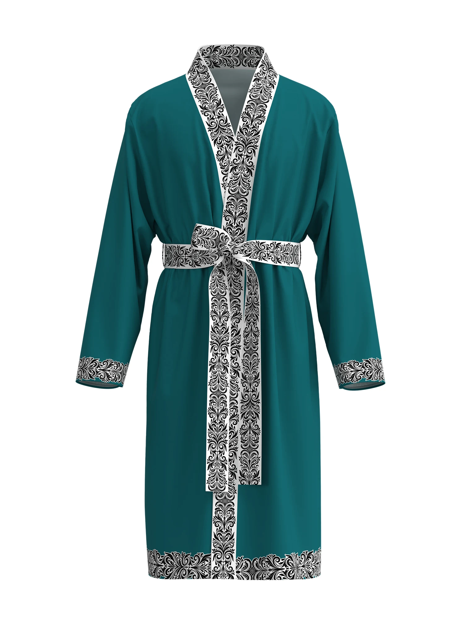 

Men's lake green kimono bathrobe, black and white European pattern trimmed long-sleeved home clothes, casual nightgown