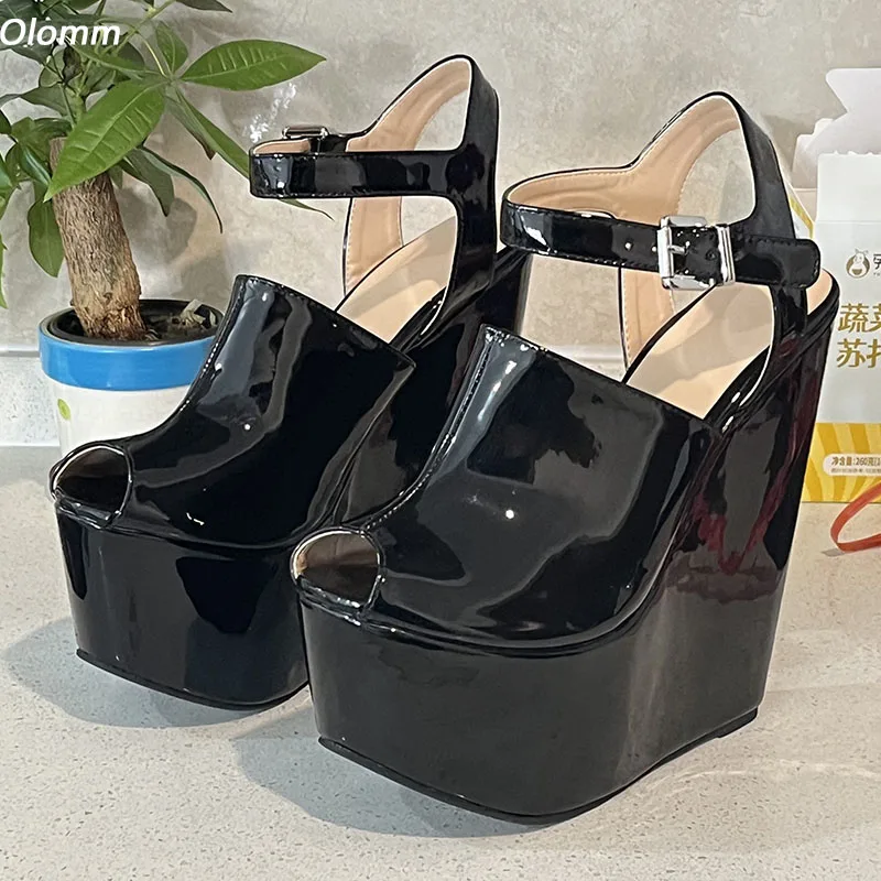 

Olomm Real Pictures Женские летние сандалии на платформе с ремешком на щиколотке на танкетке Высокие каблуки с открытым носком Черные туфли для косплея США Плюс Размер 4-15