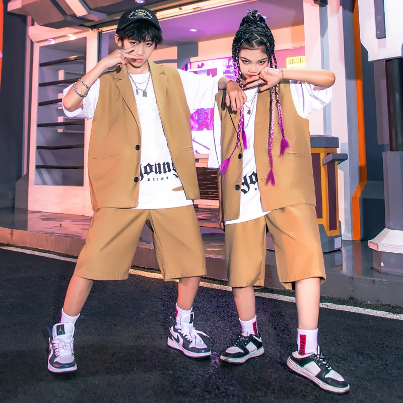 Teenager Showing Streetwear Hip Hop Clothing Khaki Sleeveless Blazer Vest Shirt Shorts For Girl Boy Jazz Dance Costume Clothes