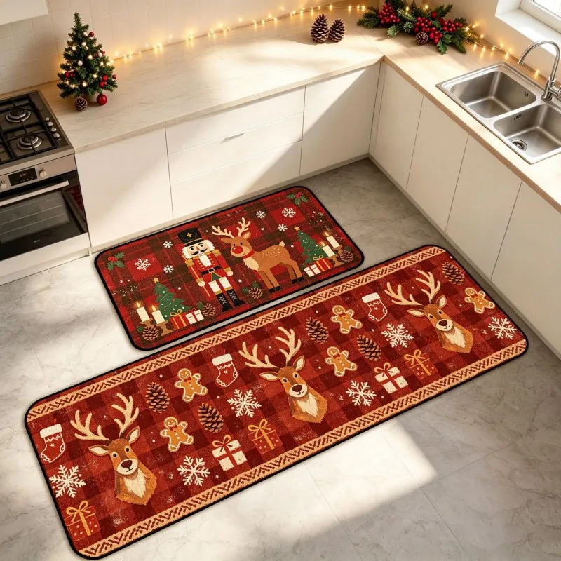 VIKAMA 1/2pcs Wine Red Gold Bell Pine Merry Christmas Kitchen Rug Durable Machine Washable Kitchen Sink Farmhouse Home Decor