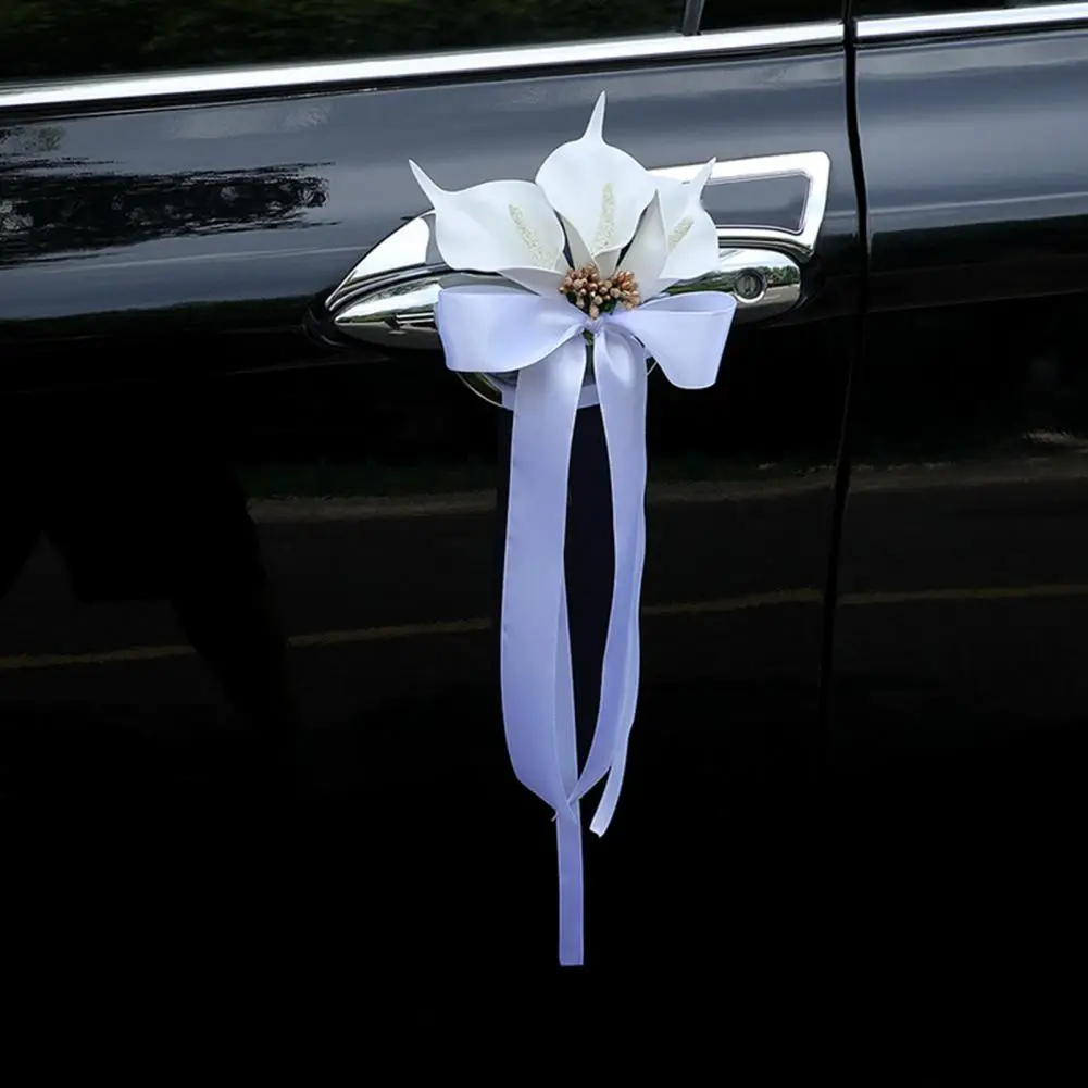 White Artificial Calla Lily Wedding Car Decorative Flower Bouquet with Ribbon Just Married for Door Handles Rearview Mirrors Use