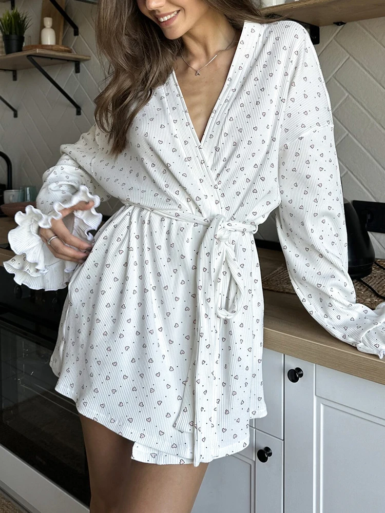 

Linad Knitted Robes For Women Casual Long Sleeve Ruffle Sleepwear Sashes Print Bathrobe Female Autumn Fashion Woman Clothes