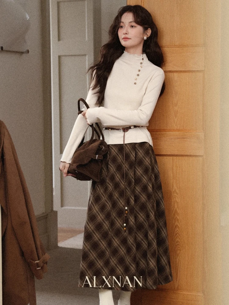 

ALXNAN Women's Plaid Skirt 2025 New Autumn High-Waisted Metal Buttons Retro Elegant Versatile Casual Commuting Long Skirt L57530