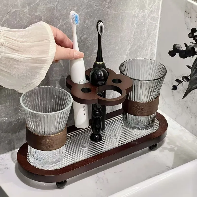 Solid wood toothbrush holder set, mouthwash cup storage rack, bathroom washstand