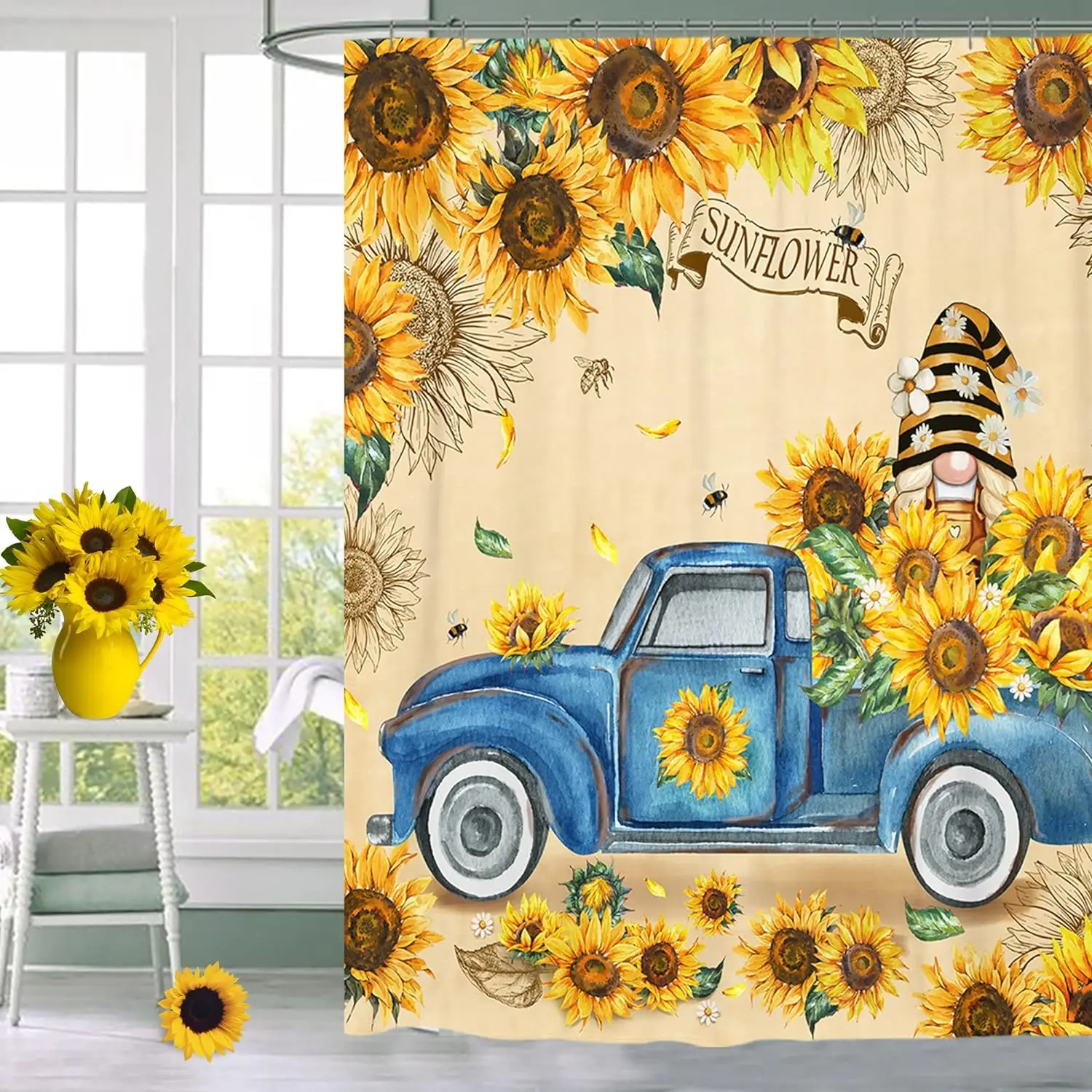 Sunflower Blue Truck Shower Curtain Rustic Farmhouse Highland Cattle Daisy Floral Butterfly Bathroom Decor Fabric with Hooks