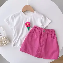 Kids Girls' Rose Red 3D Flower White T-shirt Rose Red Half Skirt Set Fashionable Baby Short Sleeve Two Piece Set Kids Outfits