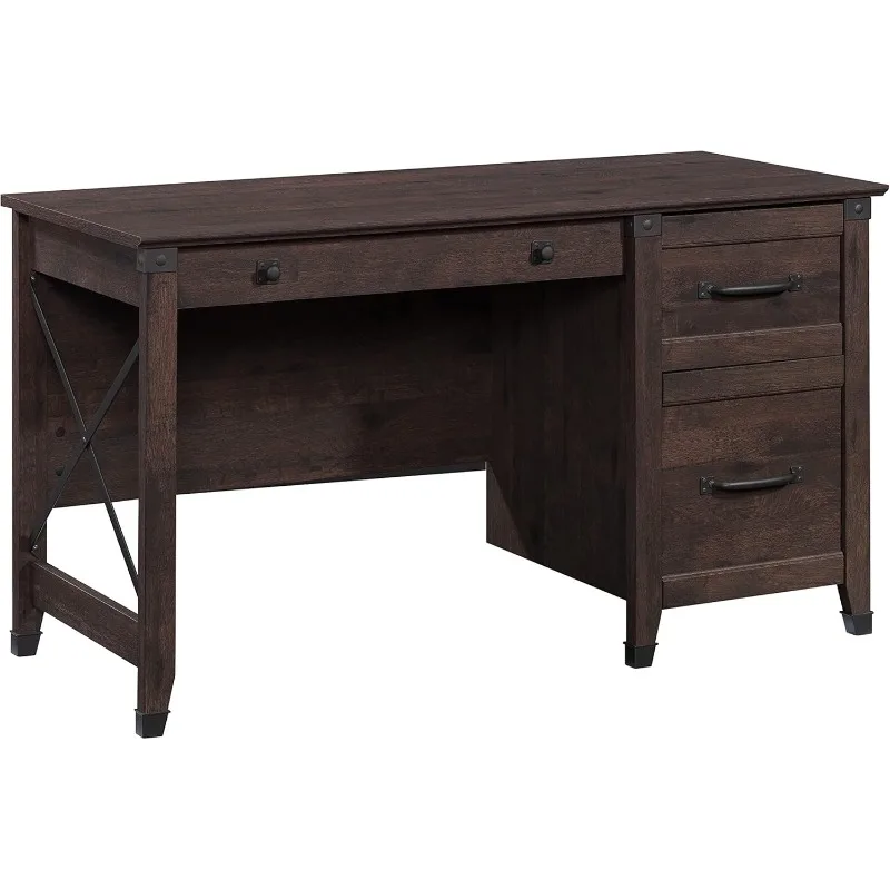 Forge Vintage Rustic Computer Desk for Home Office with Drawers, Three drawers with metal runners and safety stops in Coffee Oak