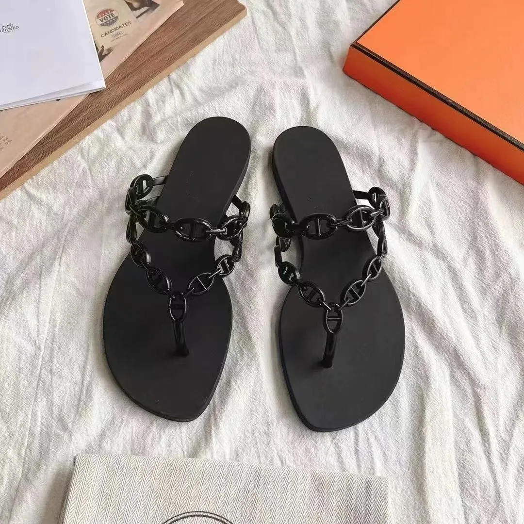 Spring Summer Women's Net Celebrity Flip-Flops Chain Non-Slip Flat Beach Slippers for Casual Wear