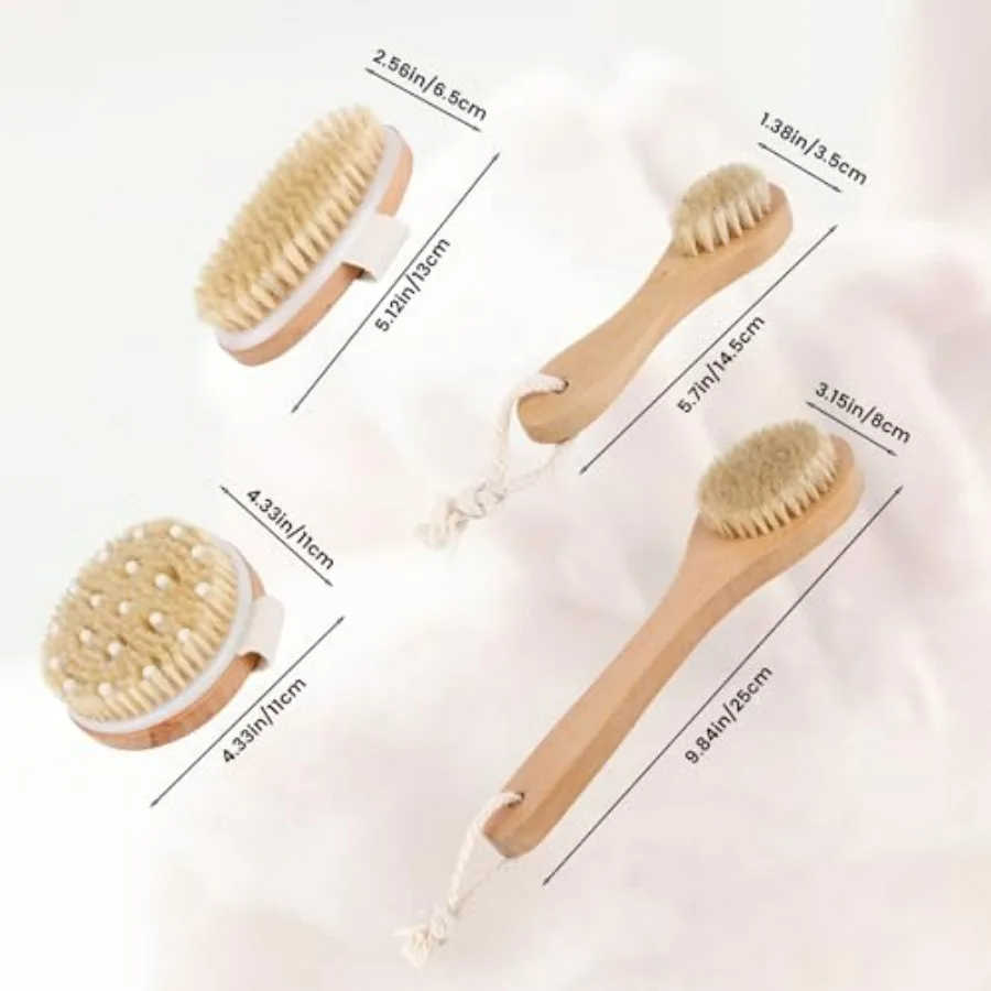 Dry Brush Set-4 Packs Natural Boar Bristle Dry Brushing Body Brush Exfoliating, Face, Foot, Bath Brush for Face and Body for Ce