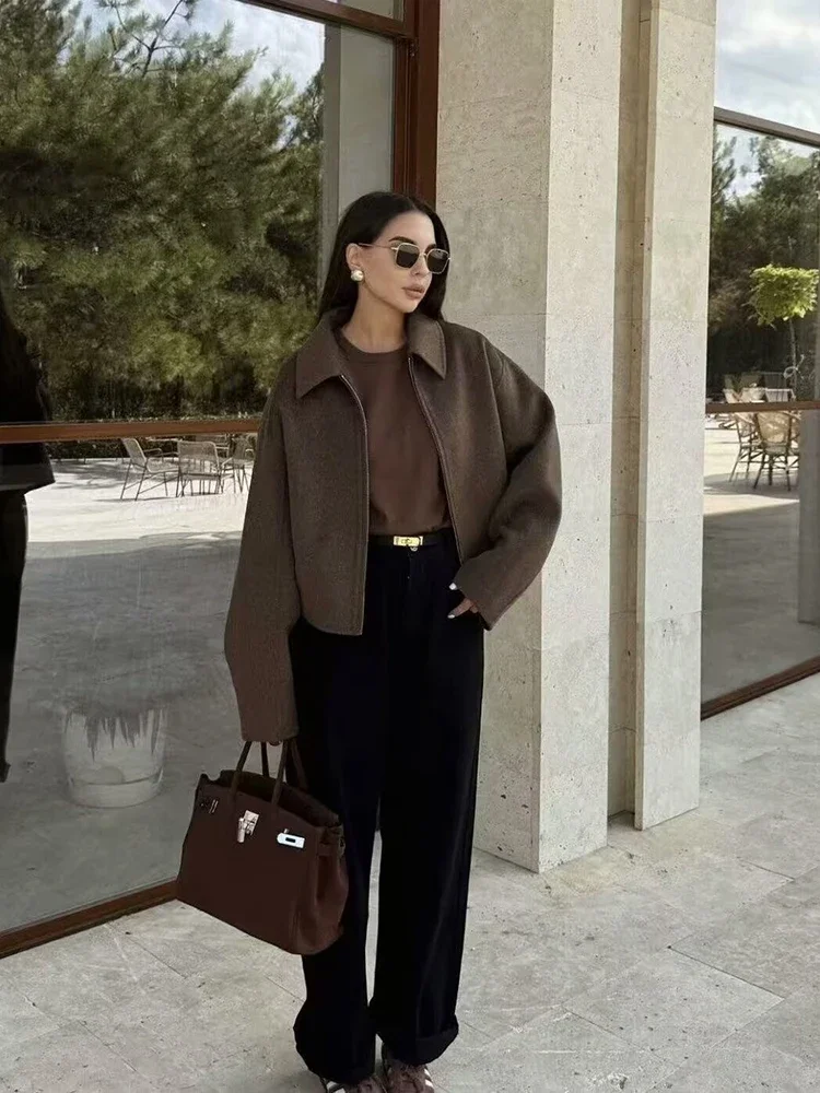 

Willshela Women Fashion With Pockets Brown Front Zipper Jackets Vintage Lapel Neck Long Sleeves Female Chic Lady Outfits