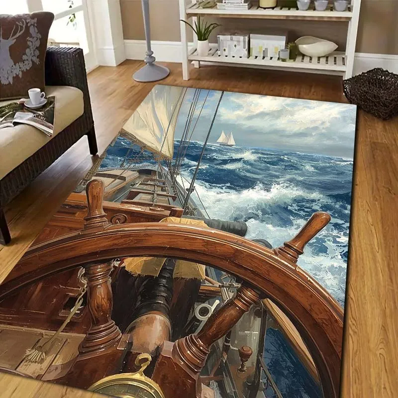 Pirate sailboat Print Flannel Area Rug Non-Slip Floor Mat For Bedroom Sofa Living Room Adventure Theme Indoor Home Decor Gift
