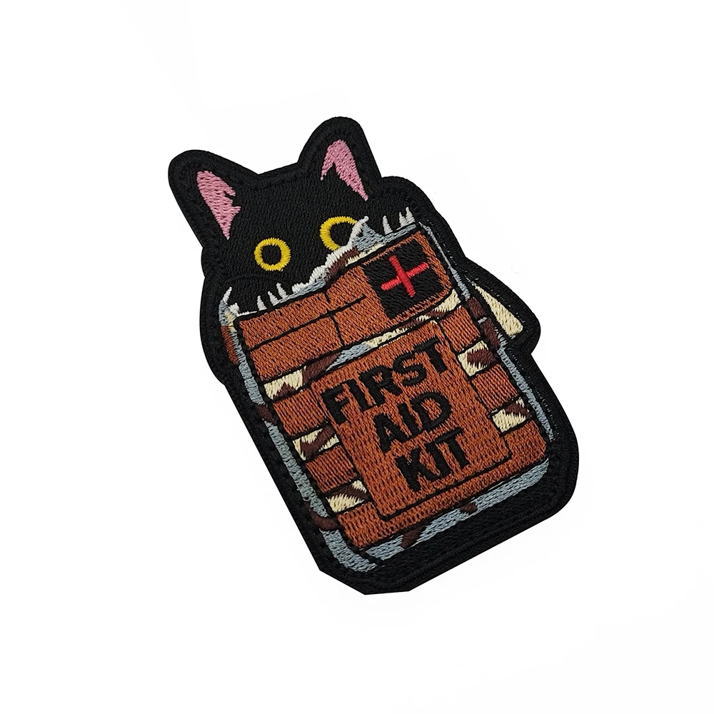 Cute Black Cat First Aid Kit Embroidered Patch Hook and Loop Tactical Badge for Backpack Vest Hat Medical Decor Patch
