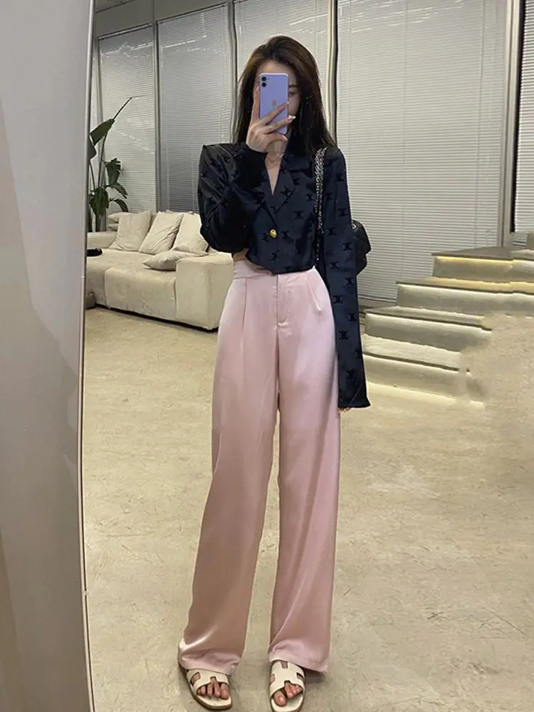 Acetate Satin Casual Wide-leg Suit Pants for Women in Summer High-end and Super Good-looking Straight-leg Floor-length Trousers