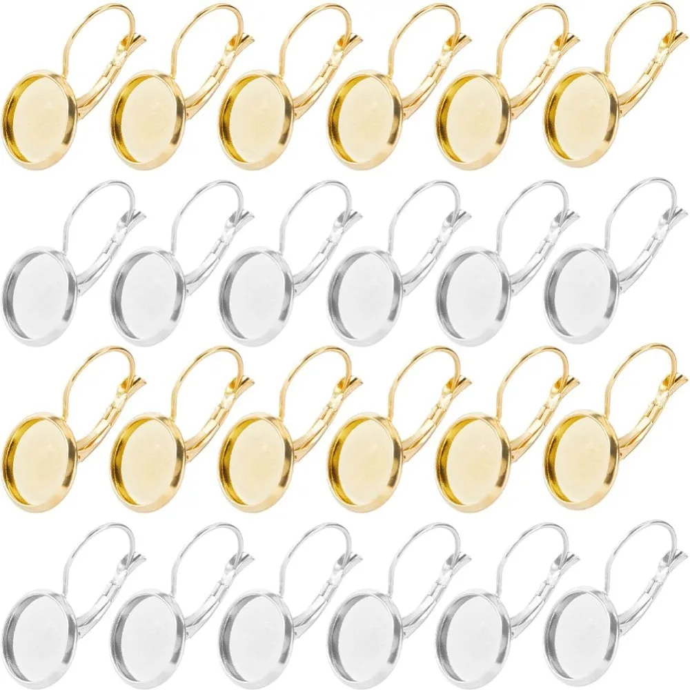 1 Box 40Pcs 304 Stainless Steel Earring Hooks Leverback Hoop Earrings Cabochon Setting 12mm Tray Gold Silver Flat