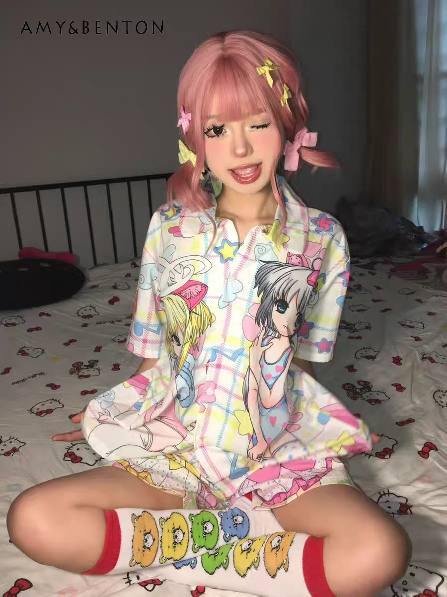 

Subculture Y2k Two-dimensional Cartoon Printed Gothic Pajamas Women Summer New Short-sleeved Shorts Casual Two-piece Loungewear