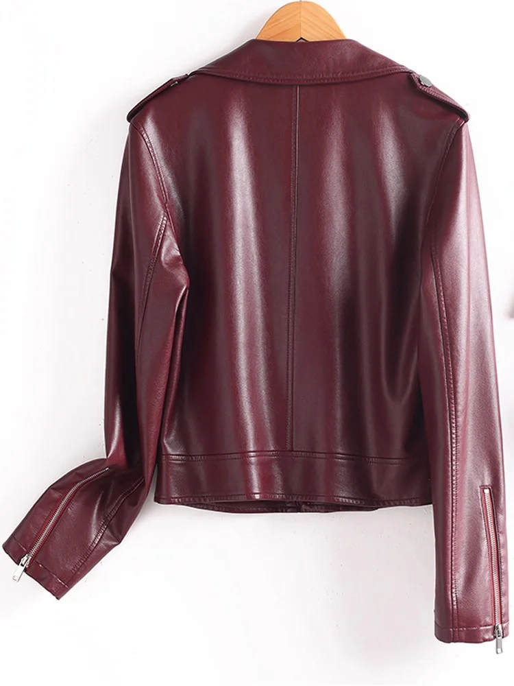 New Women Split Leather Biker Jacket Spring Autumn Fashion Notched Collar Long Sleeve Short Leather Coat Casual Outerwear Female