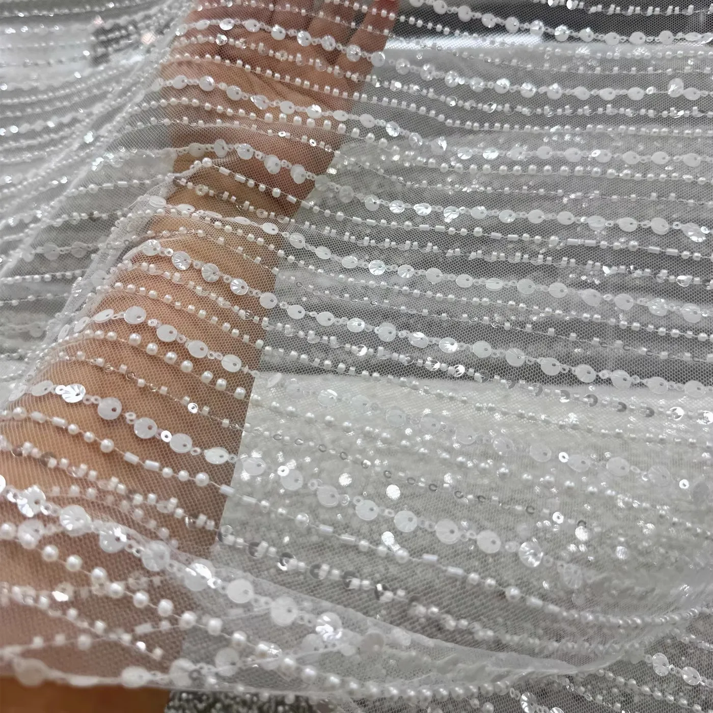 

1.3m wide stripes off white colour beading lace fabric diy sewing materials wedding decoration lace fabric for dress gowns 2025