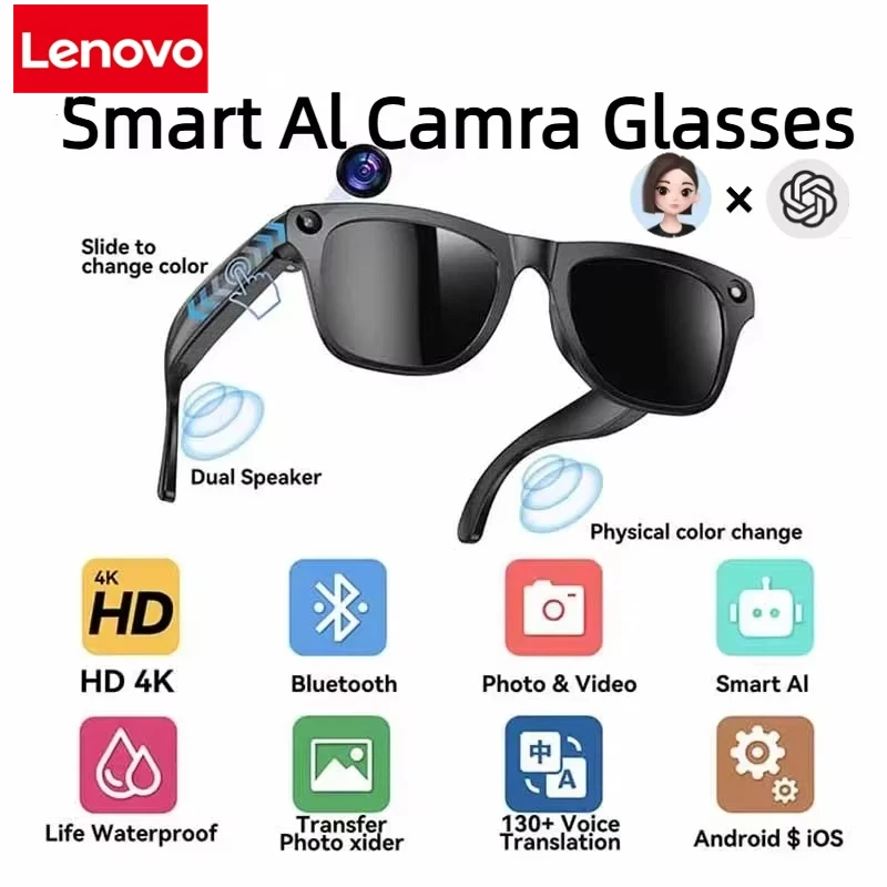 

Lenovo 4K HD Electrochromic AI Smart Glasses Translate Chat GPT 800W Camera Bluetooth Call Voice Assistant Control Smart Glasses