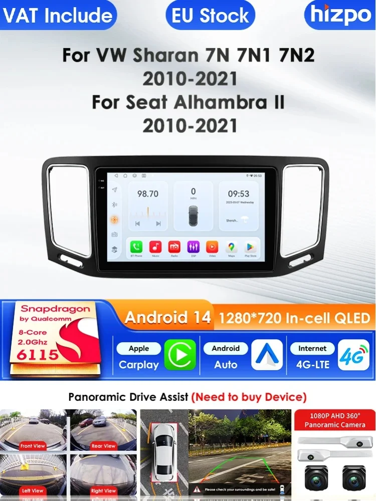 Hizpo 9 Zoll Android 15 Auto-Navigationssystem für VW Sharan SEAT Alhambra 7N 2010-2022 Kabelloses Carplay 360°-Kamera AI-System 9 Zoll Intelligenter Auto-Bildschirm QLED-Display Automotive Head Unit