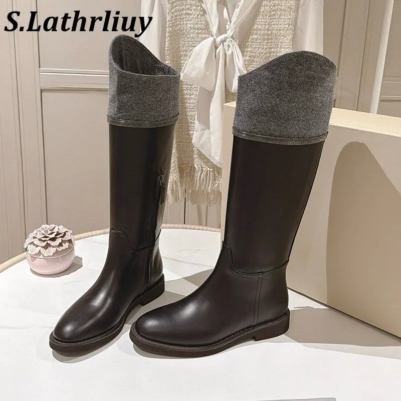 Autumn Solid Color Women's Genuine Leather Simple Flat bottomed Long Boots Fashionable Comfortable Office Commuting Boots