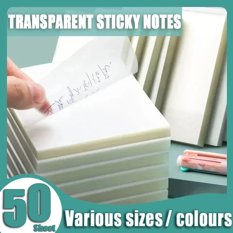 50 Sheets Transparent Sticky Notes Multiple sizes Waterproof Colourful Note Paper Memo Pad School Stationery Office Supplies