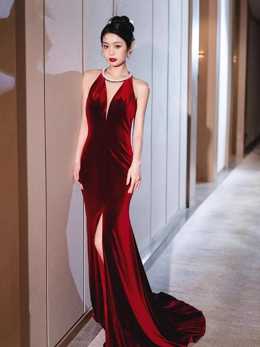 Prom Dress Mermaid Sexy Backless Evening Dress 2024 New Wine Red Velvet Toasting Bridal Dress Beaded Halte Birthday Party Dress