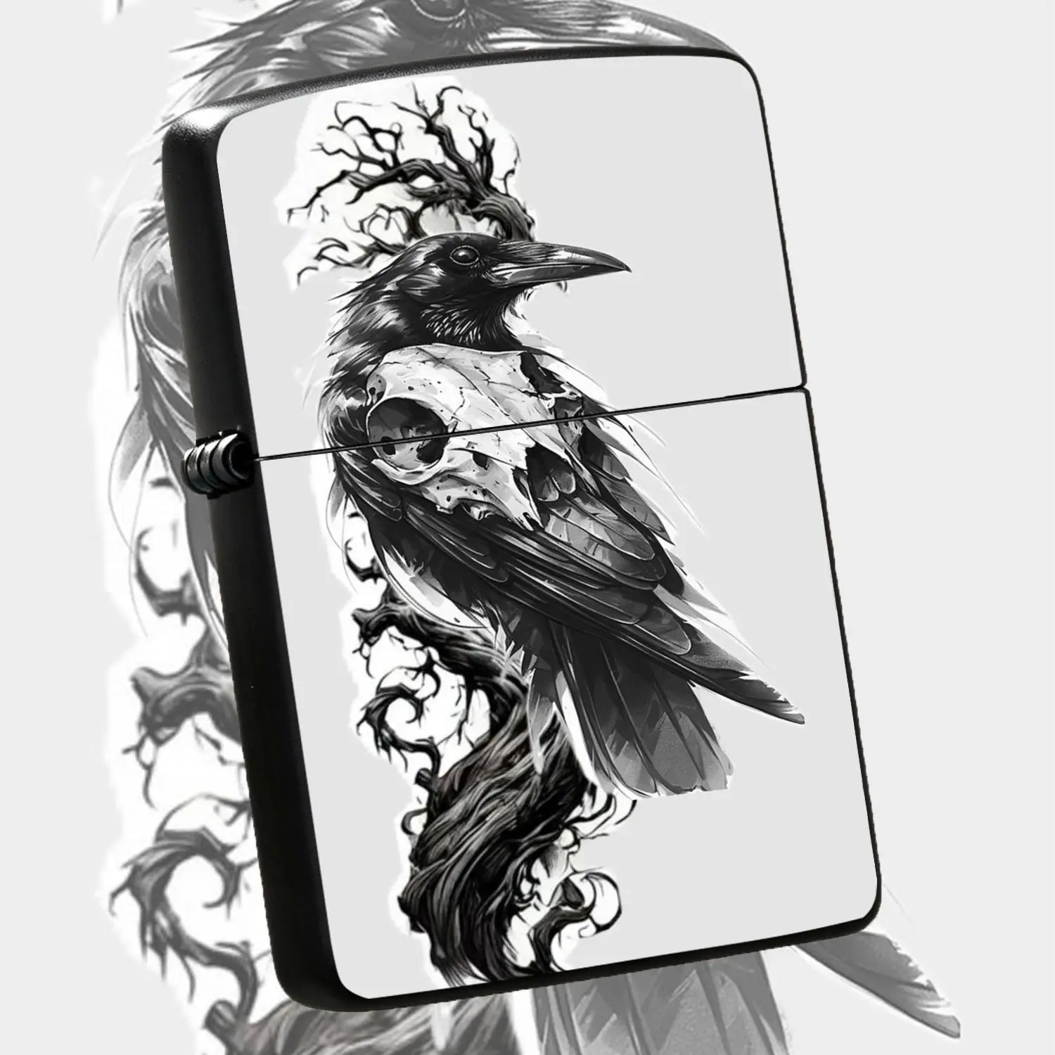 Creative Dark Style Raven Pattern Lighter, Artistic Dead Tree Print Design, Portable Sleek Daily Use Igniter, Ideal For Outdoor Camping Gathering, Unique Stylish Present Choice For Friends, Multi-Scenario Practical Exquisite Accessory With