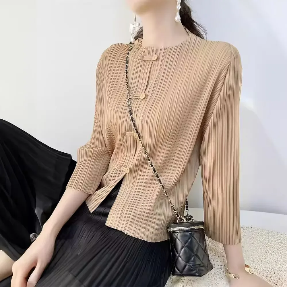 

shirts & Blouses Summer Clothes Miyake Pleated Spring and Summer Chinese Style Printed Shirt Women's Long Sleeve Retro LooseTop
