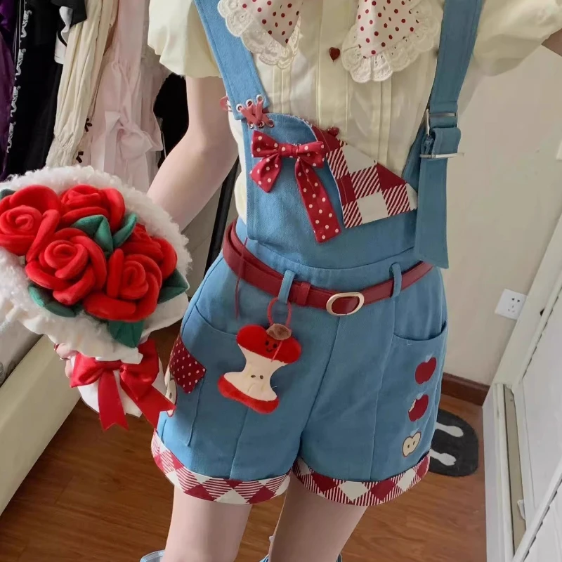 

Japanese Design Cute Sweet Girl Colorful Women's Suit 2025 Summer Bubble Sleeve Shirt Embroidered Overalls Shorts Suits Ladies