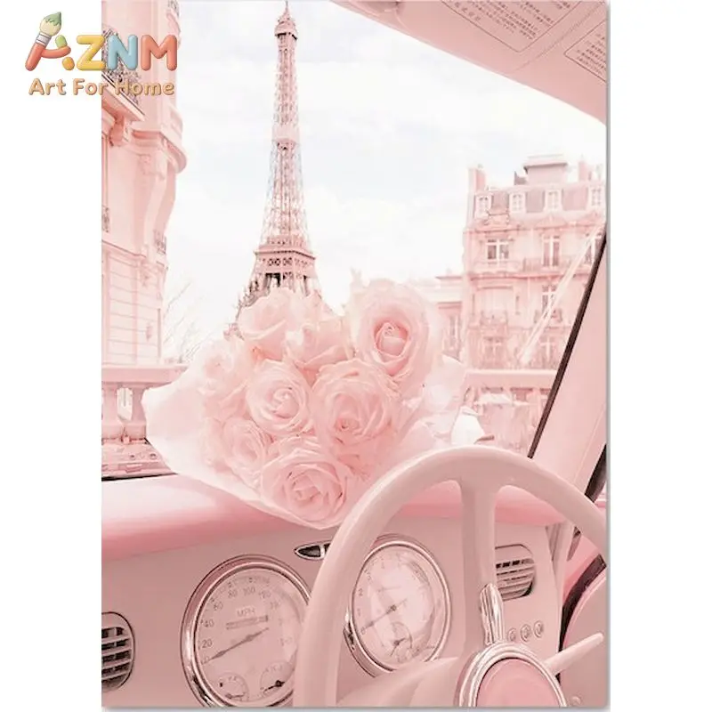 AZNM Aesthetic Soft Pink Paris Canvas Wall Art Eiffel Tower Vintage Car Cherry Blossom Floral Palm Tree Scenery Print for Girls