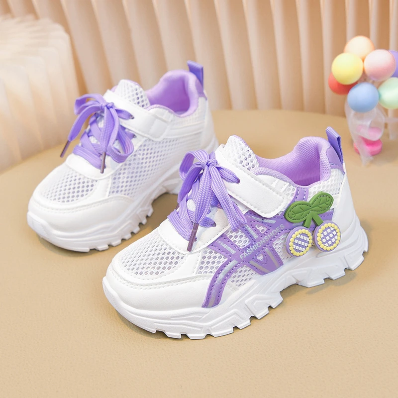 

Girls Casual Sneakers Breathable Mesh Shoes Fashion Cherry Decoration Kids Sports Shoes Walking Trainers for Children Sandals