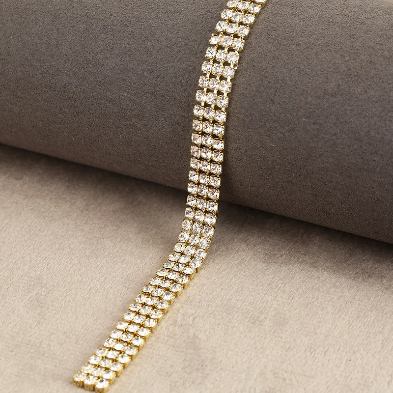 PEESOM SS8 3rows 7mm width Clear Rhinestone Cup Chain Gold/Sliver CrystalAB Glass Crystal Cup Chain for DIY Garment  Accessories