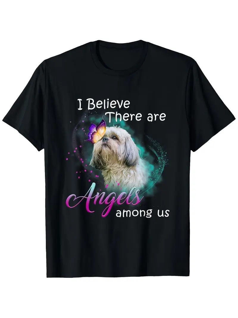 I Believe There Are Angels Shih Tzu Dog Lover T-Shirt - Cute Fluffy Dog Graphic With Purple Lettering - Cotton Tee Pet Parents