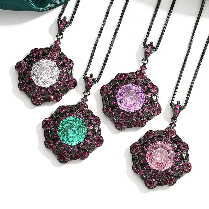 

Vintage Black Metal Pendant Necklace with 14mm Square Cut Green Purple White Shiny Crystal Retro Floral Hollow Design Jewelry