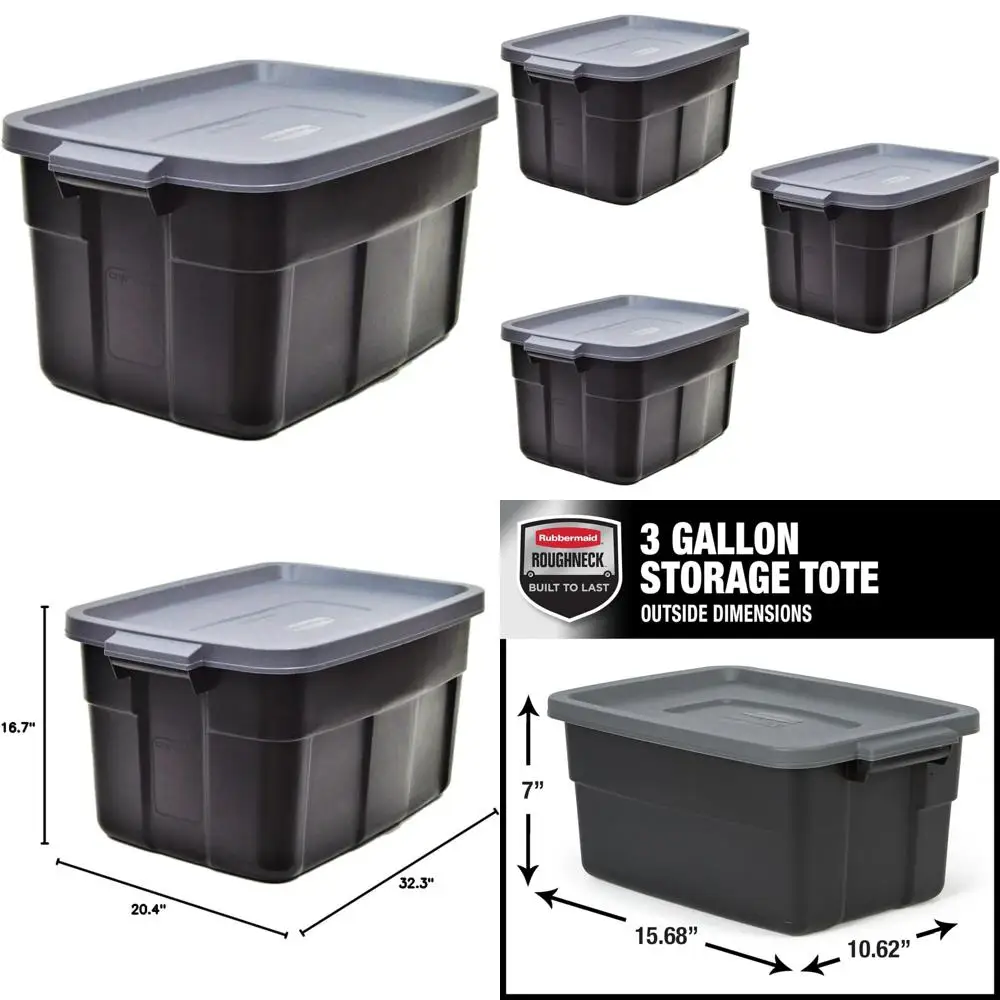Rubbermaid Roughneck 31 Gallon Stackable Storage Bins, 3-Pack, US-Made, Black & Gray, Durable Plastic Containers with Lids and H