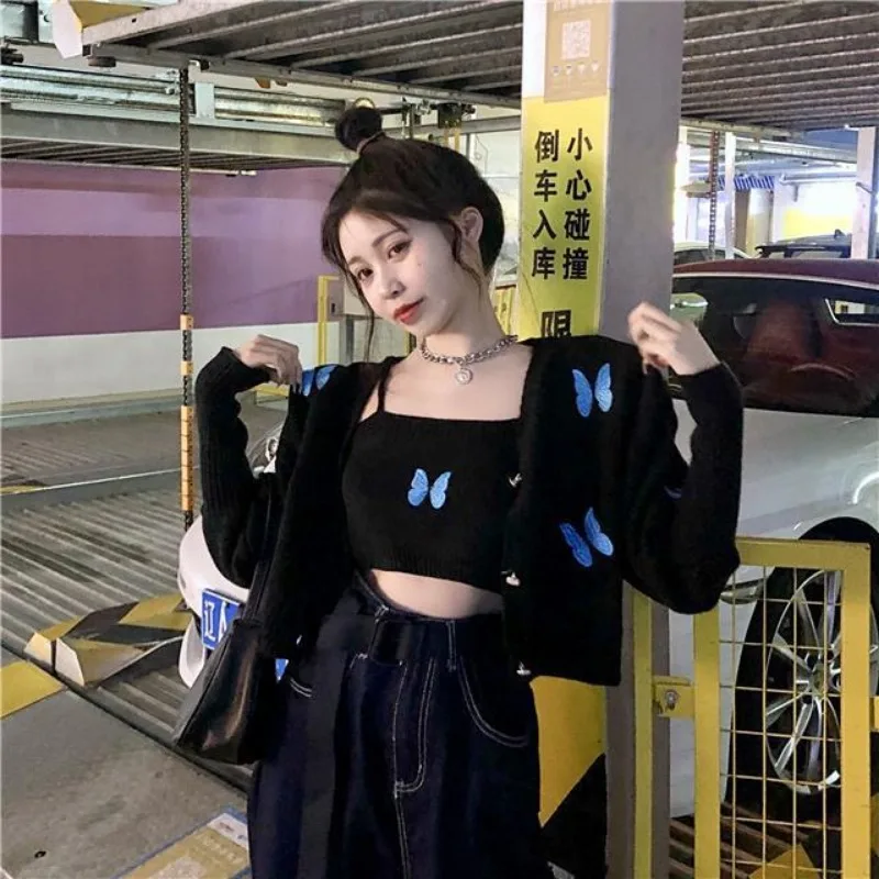 Women Sets Crop Tops Fashion Elegant Sexy All-match Streetwear Printed Knitting Sweaters Bow Slim Korean Style V-neck Chic Soft