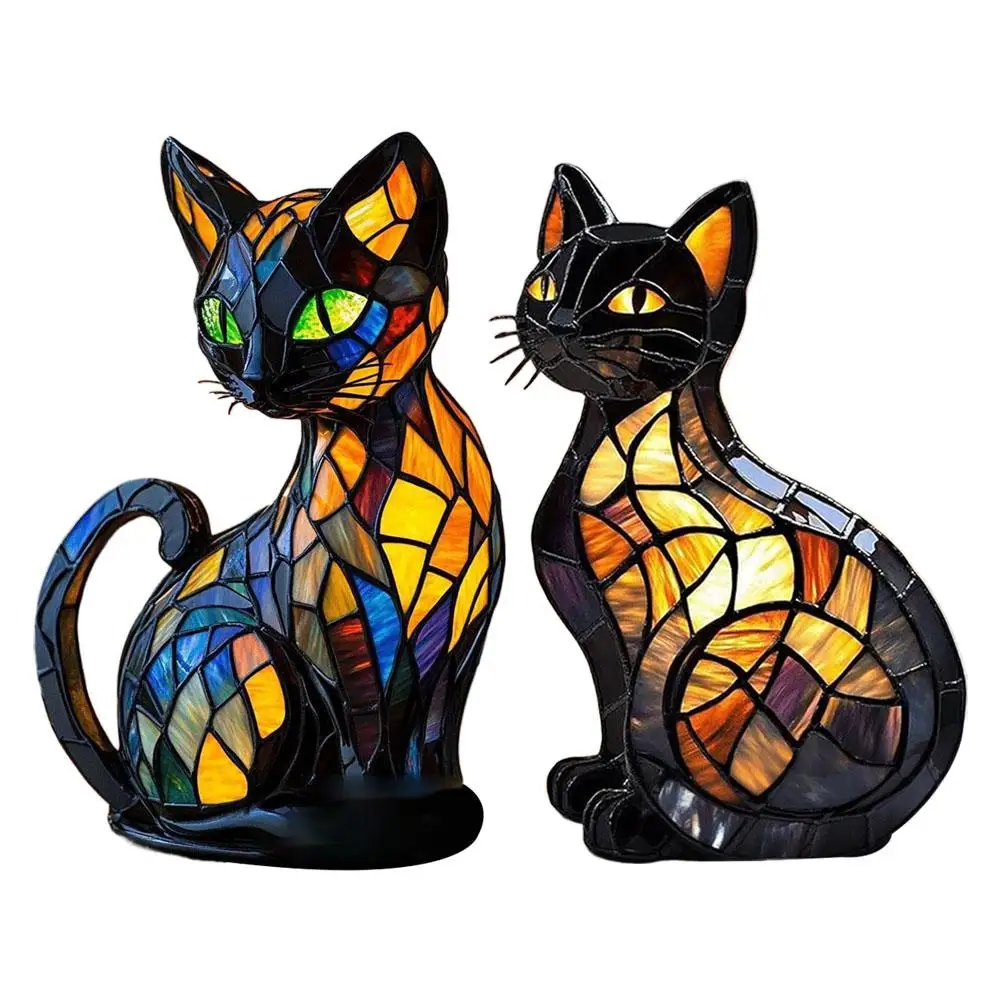 Lámpara de gato bonita, vitral retro led de resina teñida, luz nocturna de mesa, luces de ambiente para dormitorio, regalo para amantes de los perros y gatos