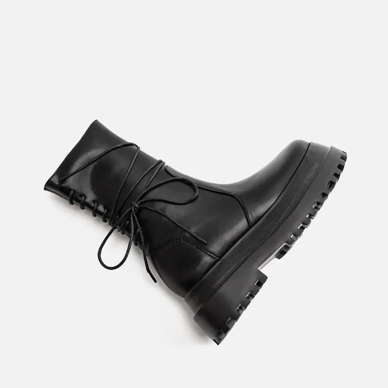 Biker Leather Shoes for Women Mid Calf Footwear Black Ladies Boots Half High Platform Cosplay New in Trend 2024 Chic and Elegant