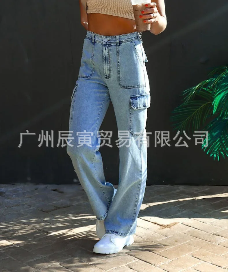 

Women Jeans Cargo Pants Pockets Denim Ankle Length Mid Waist Zipper Fly Washing Loose Fit Solid Casual Summer 2024 Straight