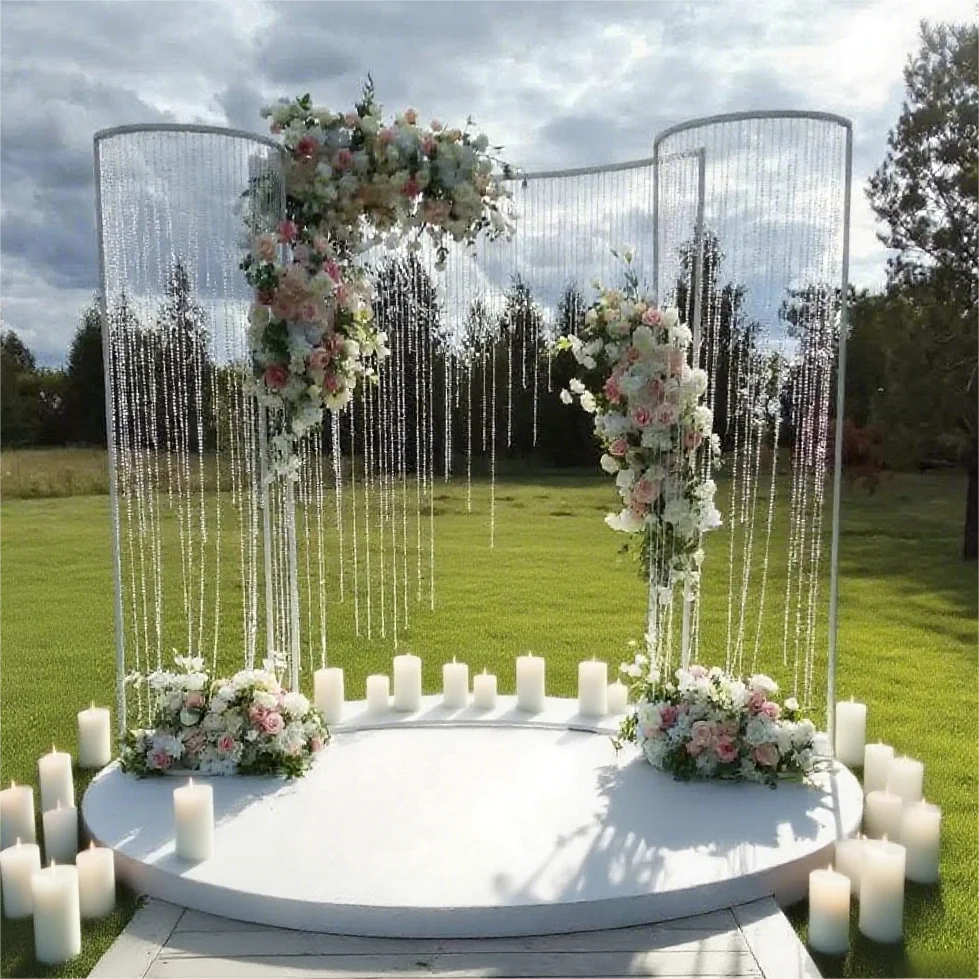 Weißgoldener Metall-Hochzeitshintergrundständer in Kurvenform mit Hohldesign und Acrylperlen-Dekoration, kein Licht erforderlich für Partyveranstaltungen – Detail 1