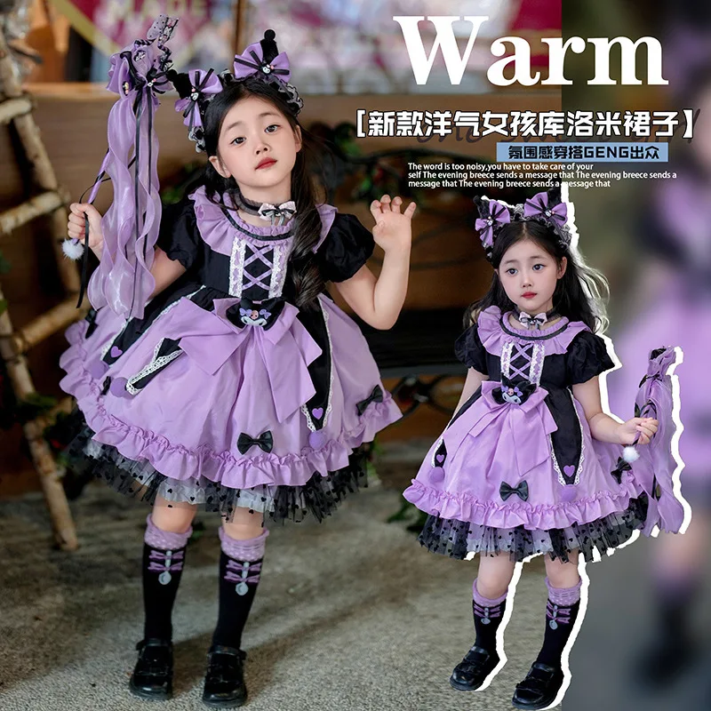 2024 Sanrio Cosplay Kuromi Lolita Princess Dress Summer Children's Costume Dress Puffy Skirt Suit Cute Girl Birthday Kawaii Gift