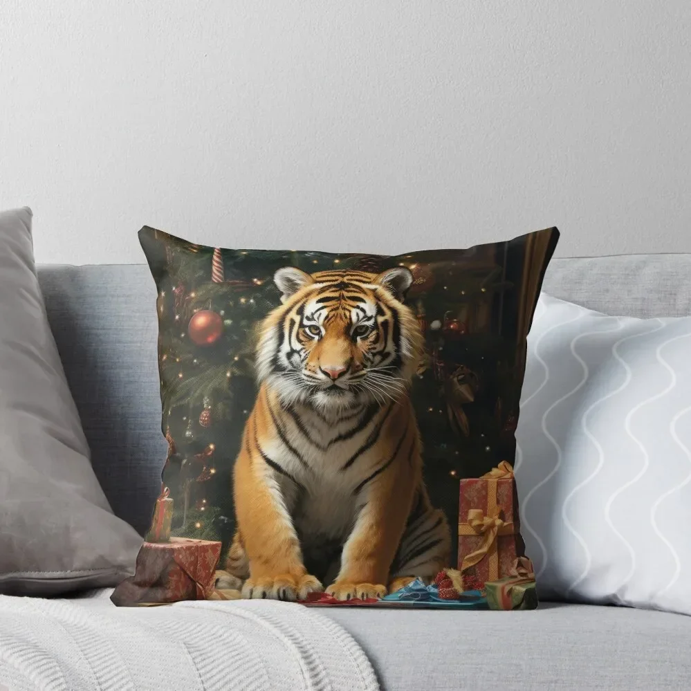 Tiger with Christmas Presents and Tree Throw Pillow Decorative Cushions For Luxury Sofa Cushions Home Decor pillow