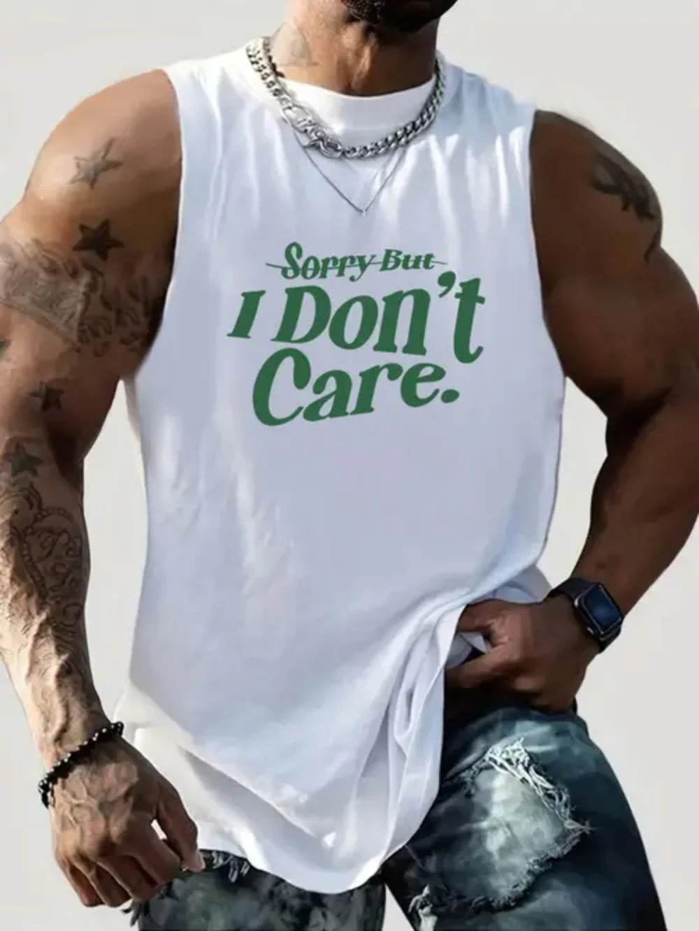 

Мужской хлопковый жилет без рукавов, дышащий спортивный жилет свободного покроя, футболка для занятий спортом в тренажерном зале и для отдыха на свежем воздухе, дизайн «Sorry I Don't Care»