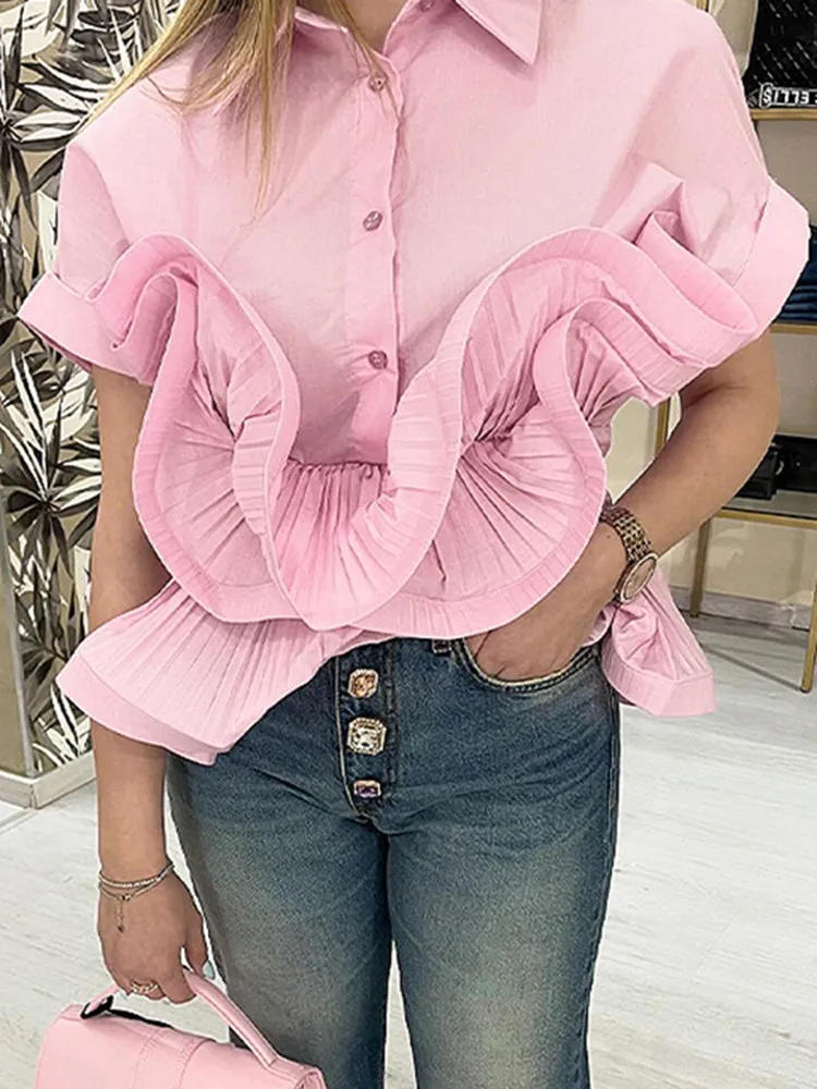 TWOTWINSTYLE Solid Patchwork Ruffles Shirts For Women Lapel Short Sleeve Patchwork Single Breasted Designer Blouse Female New