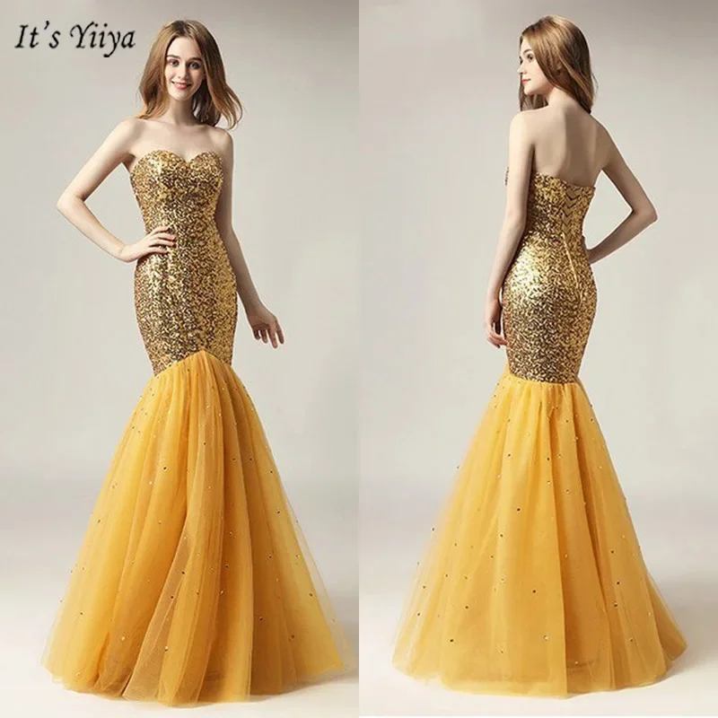 Si tratta di Yiiya Abito da sera personalizzato Paillettes dorate Senza spalline Sirena Robe De Soiree Pavimento-lunghezza Abito formale da donna V091