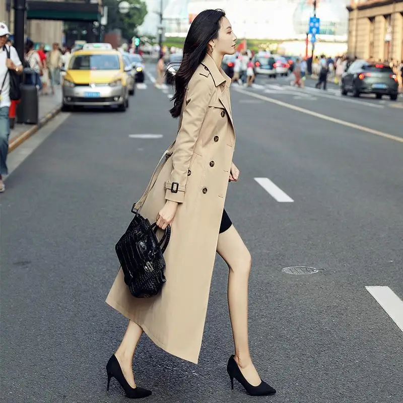 FTLZZ Autumn Winter Women Vintage Long Trench  Double Breasted WindBreaker Elegant Slim Solid Trench Coat With Belt