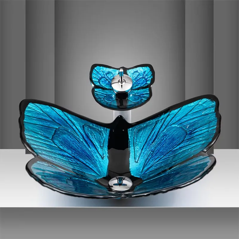 Luxury Blue Art Butterfly Tempered Glass Tabletop Wash Basin